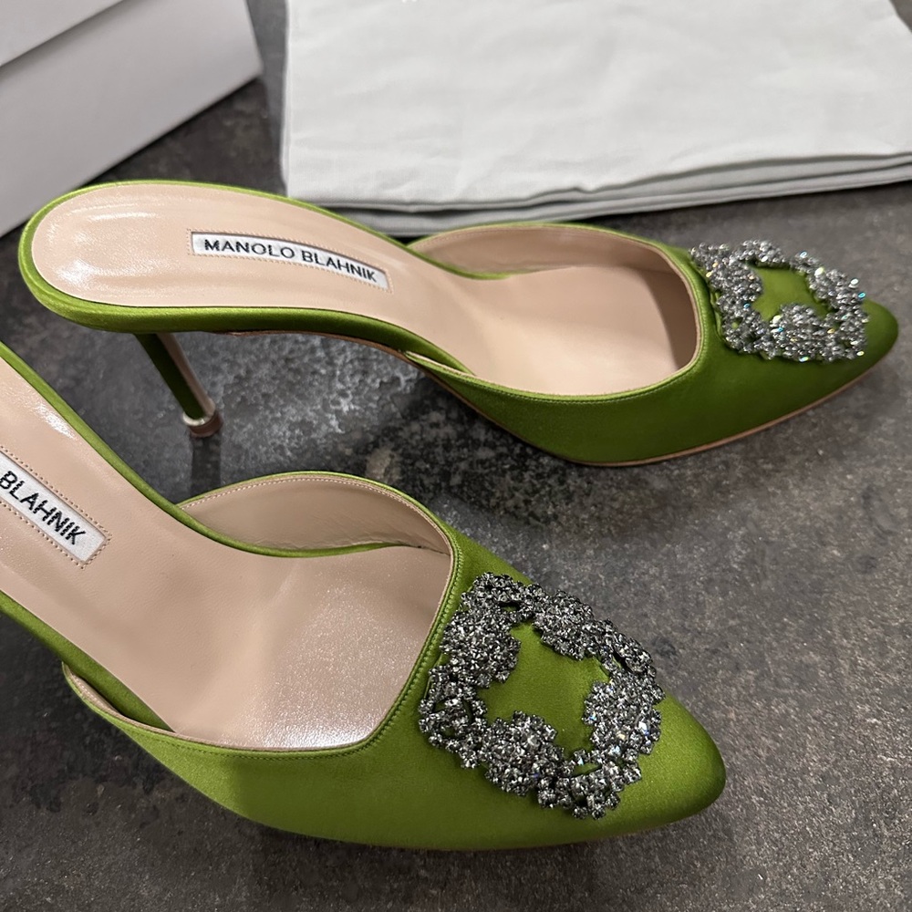 Manolo Blahnik Satin Hangisimu 70 Mule Heels Green Satin - Picture 3 of 13